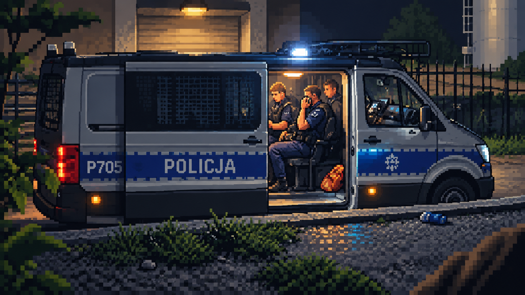 Policyjny bus przy nocnej interwencji